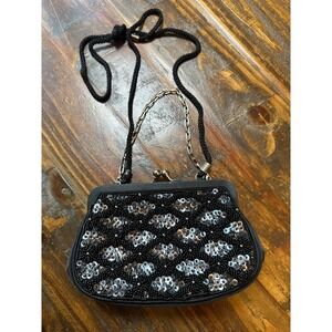 Valerie Stevens Black Beaded Sequin Satin Evening Bag Kiss Lock Clutch Crossbody